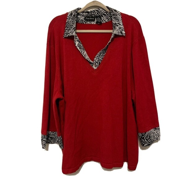 Maggie Barnes Womens Plus Size 4X 30 32W Red Printed V-Neck Sweater Shirt Blouse - Picture 1 of 5